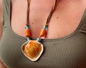 Pottery Necklace, Orange Necklace, Ceramic Pendant Necklace, Long Necklace, Pottery Beads, Green Silk Necklace