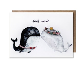 Klappkarte Hochzeitswal Frisch verliebt | Illustration Wal | Trauung | Karte zur Hochzeit  inklusive Umschlag