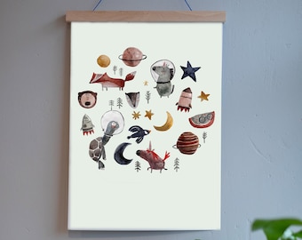 Poster | die Welt wie Sie mir gefällt| mit Einhorn, Fuchs, Spacehorn und Rakete | Kunstdruck Aquarellbild | Print