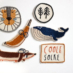 Iron-on patches | Patch banana, dachshund, lion, whale, cool sock, trees