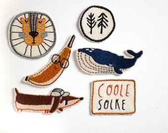 Iron-on patches | Patch banana, dachshund, lion, whale, cool sock, trees