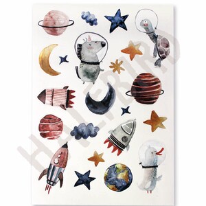 May include: A set of colorful space-themed stickers featuring a unicorn, a turtle, a bird, rockets, planets, stars, and moons. The stickers are perfect for adding a whimsical touch to any project.