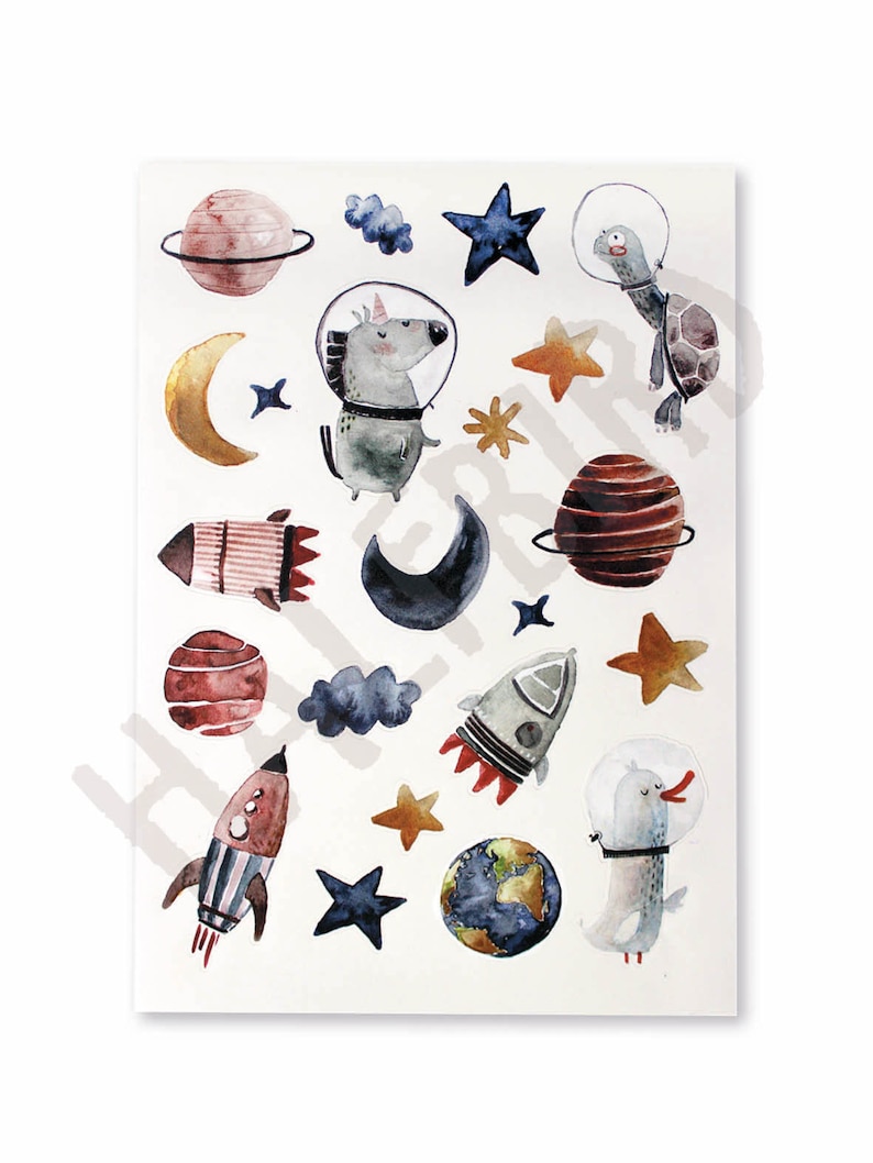 May include: A set of colorful space-themed stickers featuring a unicorn, a turtle, a bird, rockets, planets, stars, and moons. The stickers are perfect for adding a whimsical touch to any project.