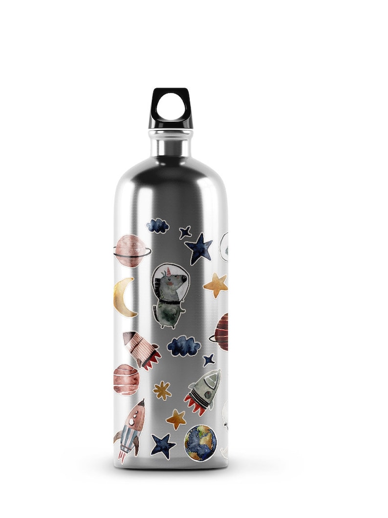 May include: A silver water bottle with a black lid and a variety of colorful space-themed stickers, including planets, stars, rockets, and a cartoon astronaut dog.