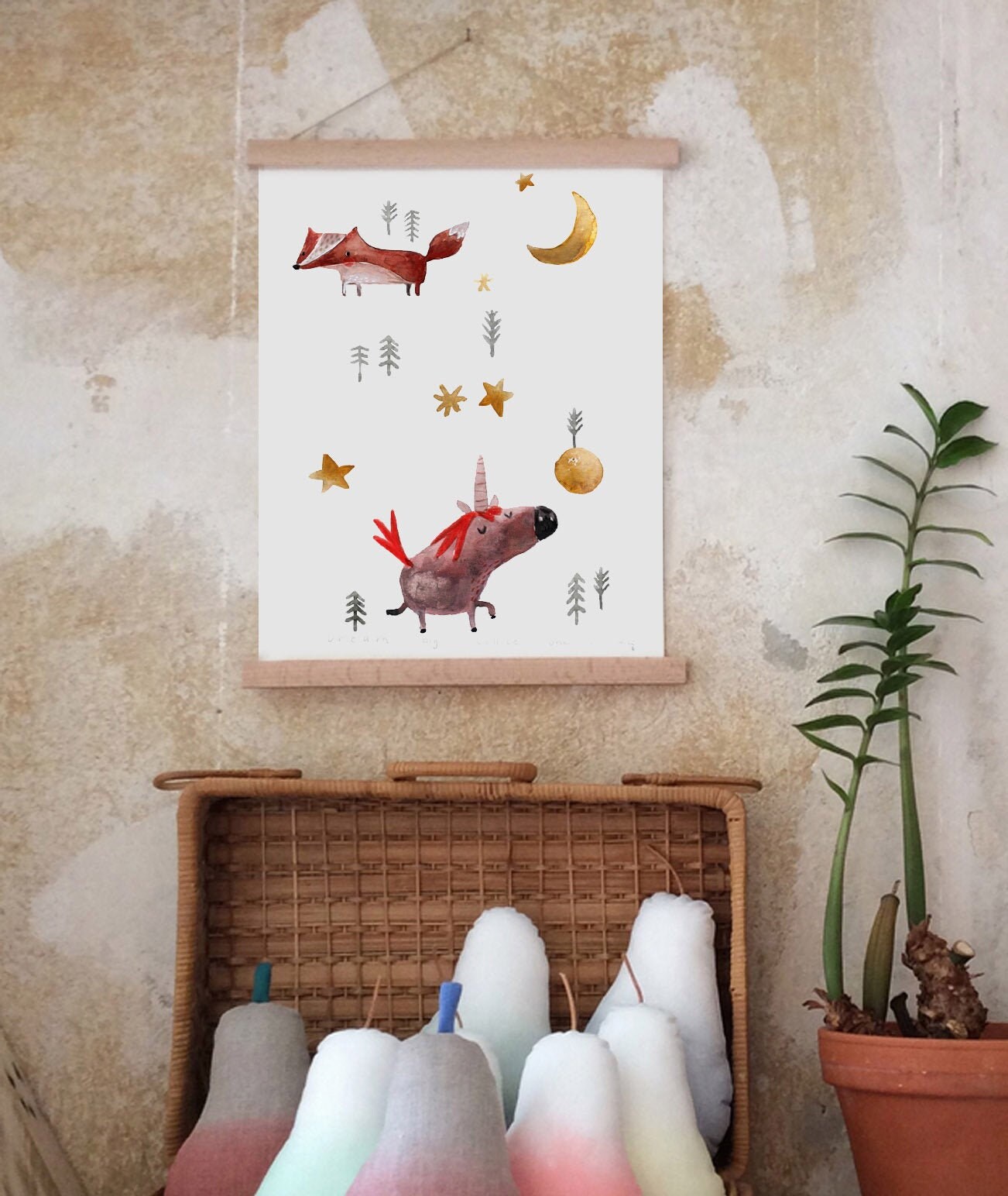 Posters Wanderhorn Sibill | Licorne et Renard Peinture à L'aquarelle d'impression Artificielle Print