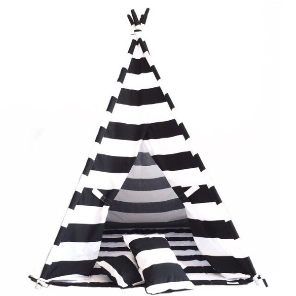 Teepee Playtent for Kids in Black and White Stripe Cotton. Comes with Play Mat Base and Two Pillows