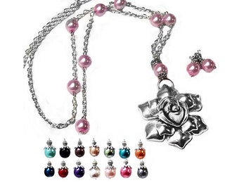 Charm Necklace Earring Set silver butterfly choose color pearl and clip on or pierced fittings