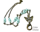 Beaded Lanyard chain necklace, Work ID badge holder, boho bronze butterfly, choose color pearl