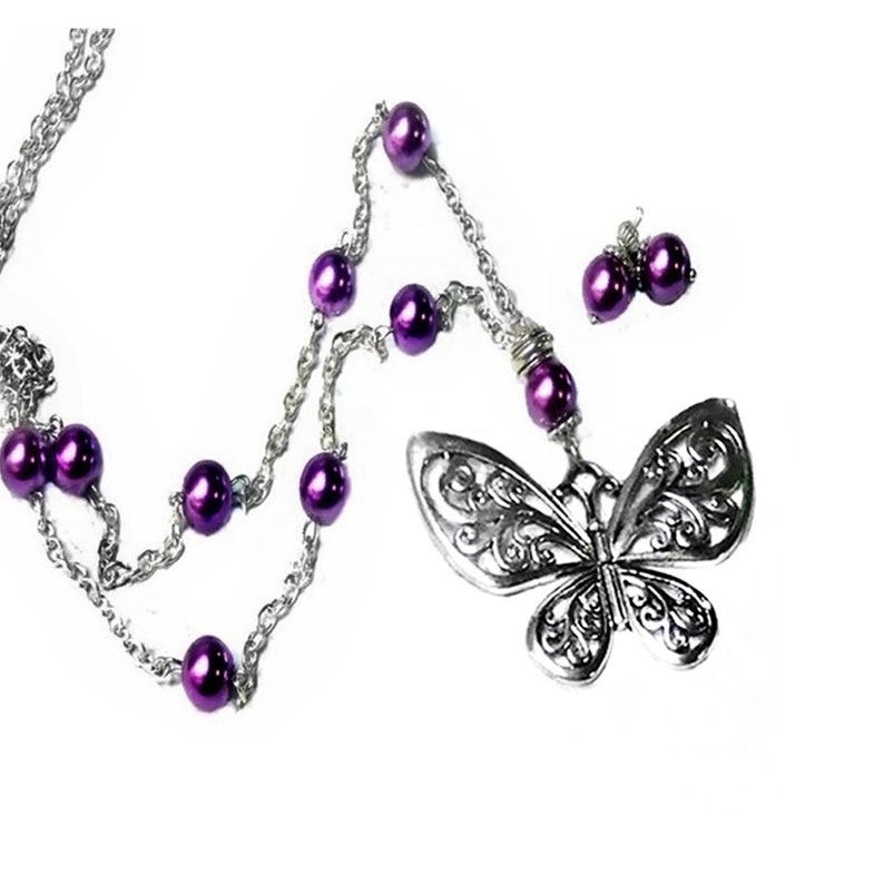 Charm Necklace Earring Set silver butterfly choose color pearl and clip on or pierced fittings