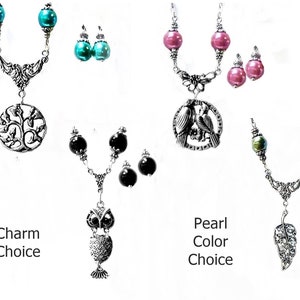 Charm Necklace set, Silver Tree of Life, Lovebirds, Leaf, Owl charms, choose color pearl  and clip on or pierced