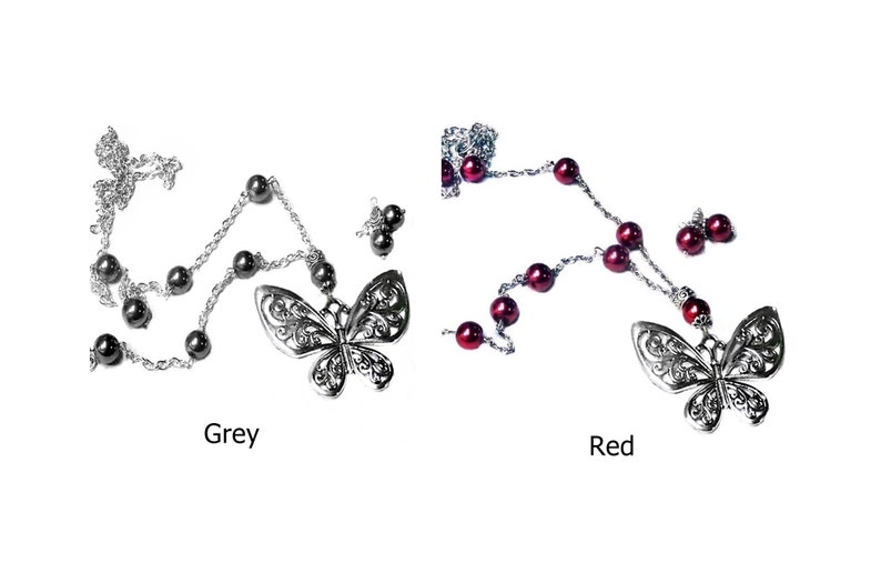 Charm Necklace Earring Set silver butterfly choose color pearl and clip on or pierced fittings