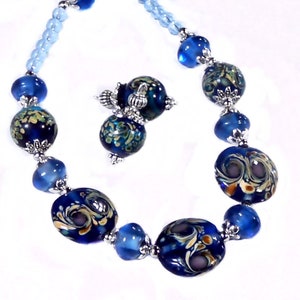 Necklace Bracelet and earrings set Lampwork Artisan, Blue, choose clip on or pierced fittings