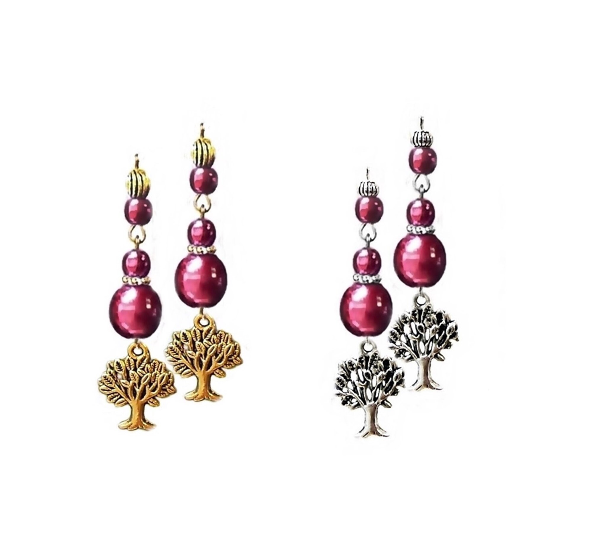 Earrings Tree of Life charm silver choose color pearl clip on or pierced gold 