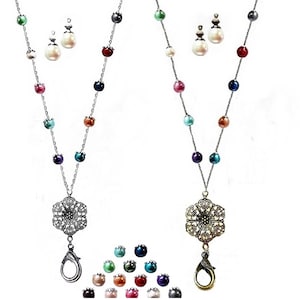 Beaded Lanyard chain necklace, Work ID security badge holder, silver or bronze flower, choose color pearl