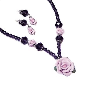Necklace and earrings set, Lavender purple porcelain roses,  clip on or pierced