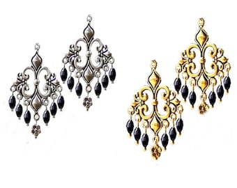 Earrings Fleur De Lis chandelier, black crystal, antique gold or silver, choose clip on or pierced fittings
