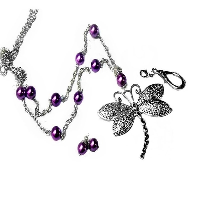 Beaded Lanyard chain necklace choose color pearl silver dragonfly Work ID badge holder