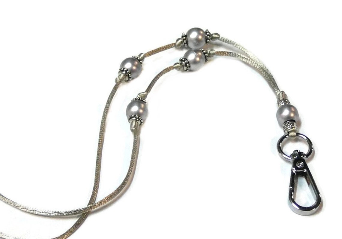 Beaded Cord Lanyard Necklace, Security ID Badge Holder, Silver or