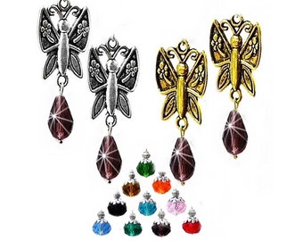 Earrings Crystal drop, butterflies, gold or silver, choose color and clip on or pierced fittings