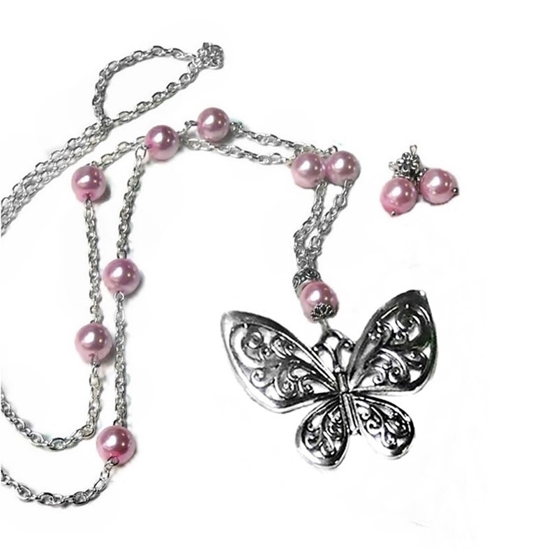 Charm Necklace Earring Set silver butterfly choose color pearl and clip on or pierced fittings