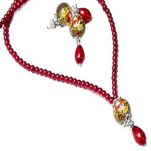 Necklace and earrings set, Red Rose Tensha Bead and pearl, Clip on or Pierced
