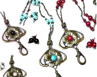 Beaded Chain Lanyard necklace, Work ID badge holder, vintage style, Boho Bronze flower, color choice