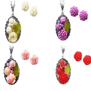 Miniature Rose Garden Collage vintage style necklace and earrings set, choose your fittings