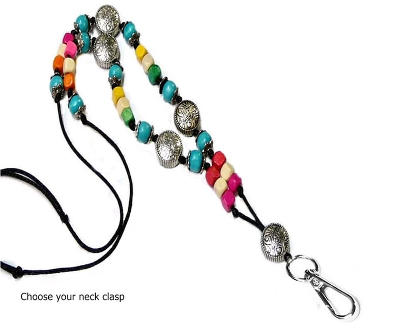 Cord Lanyard necklace,security teachers id badge keys holder Bright Rainbow Wood beads