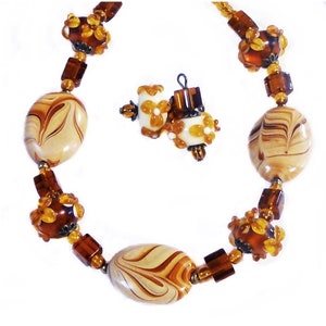 Necklace and earrings set Lampwork Artisan, Brown and Gold, choose clip on or pierced fittings
