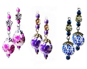 Porcelain Earrings, Blue, Purple or Pink and White, choose clip on or pierced and antique bronze, gold or silver