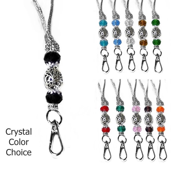 Lanyard necklace Work ID badge, keys, holder, crystal drop, choose your color on chain or cord,