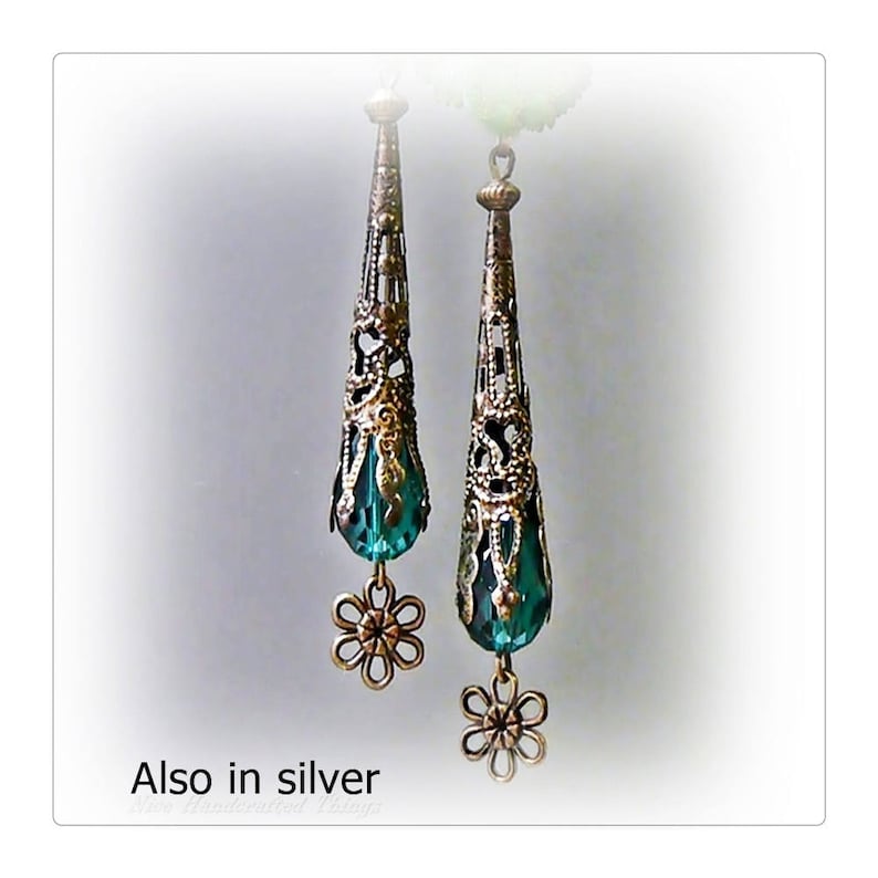 Bronzed Vintage Style teal green crystal filigree long dangle drop earrings choose clip on or pierced fittings
