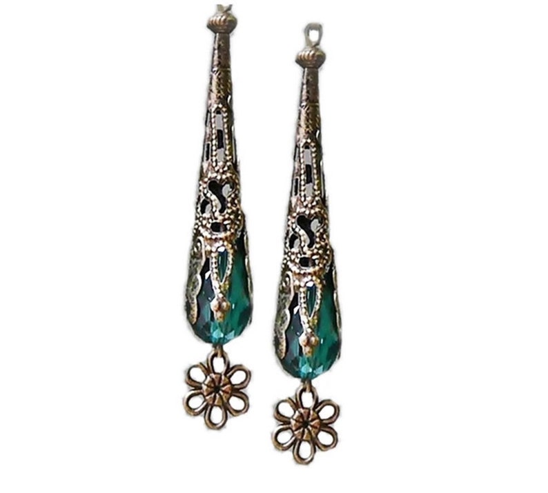 Bronzed Vintage Style teal green crystal filigree long dangle drop earrings choose clip on or pierced fittings
