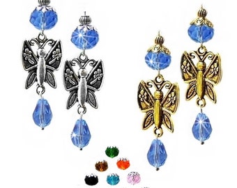 Earrings Crystal drop, butterflies, gold or silver, choose color and clip on or pierced fittings