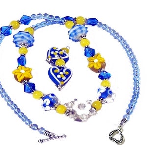 Necklace and earrings set Lampwork Artisan, Yellow and Blue, choose clip on or pierced fittings