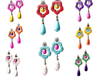 Earrings, Colourful Rainbow boho flower drop, clip on or pierced fittings