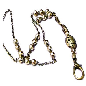 Beaded Chain Lanyard necklace, Work ID badge, keys, holder - Bronze with gold
