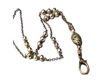 Beaded Chain Lanyard necklace, Work ID badge, keys, holder - Bronze with gold