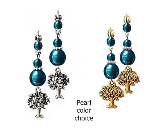 Earrings Tree of Life charm silver choose color pearl clip on or pierced gold Earrings Tree of Life charm silver choose color pearl clip on or pierced gold