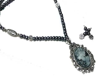 Vintage style grey silver Victorian lady Cameo pearl and crystal Necklace long and earrings set, choose your fittings