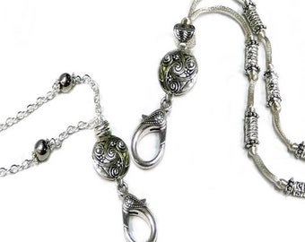 Beaded chain or cord Lanyard necklace, Keys, Work ID badge, holder, Silver on Silver