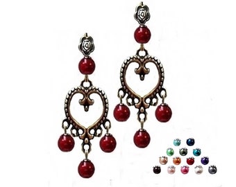 Earrings Antique bronze heart chandelier and pearl, choose your color, and fittings clip on or pierced