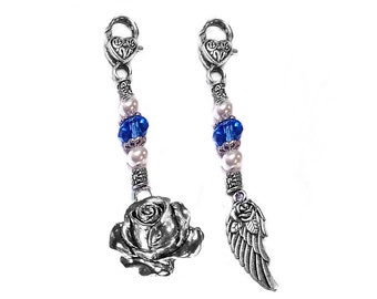 Something blue wedding handbag charms dangles, key finders - Rose flower or Angel Wings