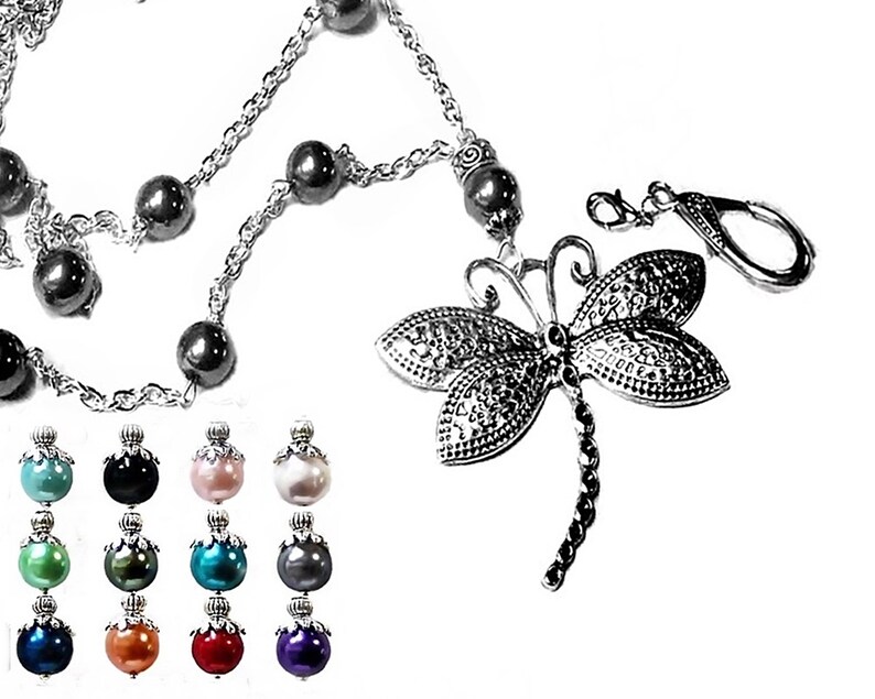 Beaded Lanyard chain necklace choose color pearl silver dragonfly Work ID badge holder