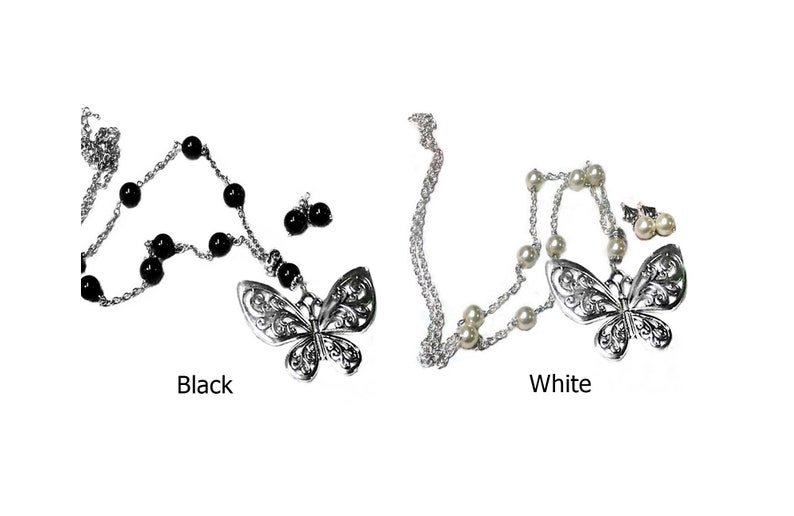 Charm Necklace Earring Set silver butterfly choose color pearl and clip on or pierced fittings