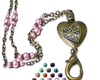 Collier de chaîne de lanyard perlé, support d’insigne d’identification de travail, coeur d’amour en bronze de boho, choisissez la perle de couleur