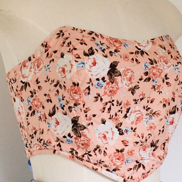 Handmade Peach Floral Corset Top Peach and Blue Floral, Strapless, Fully Boned, Ribbon Ties.