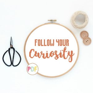 May include: A cross-stitch pattern in a wooden embroidery hoop with the text "FOLLOW YOUR CURIOSITY" in orange. The pattern is on white fabric and is ready to be stitched.