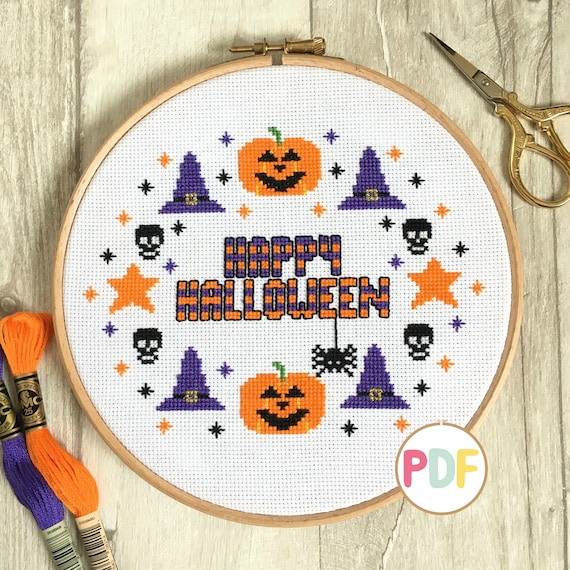 Happy Halloween Cross Stitch Pattern Halloween pillow | Etsy