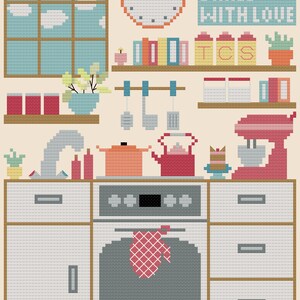 May include: A pixel art illustration of a kitchen with a white oven, a red mixer, a clock, and a sign that says "Baked with Love".